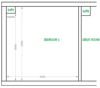 Bedroom 1 Cross-Section View Highlighting Structural Ceiling and Soffits